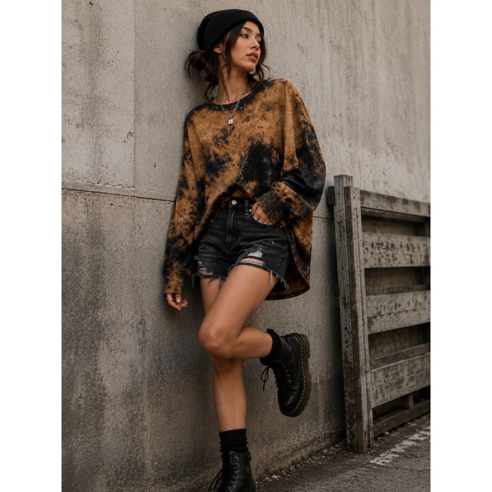 Umgee Black Brown Acid Wash Tie Dye Oversized Long Sleeve Pullover Top Small